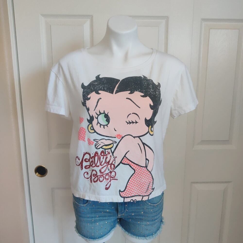 Betty Boop blowing kisses glitter letter crop tee sz L